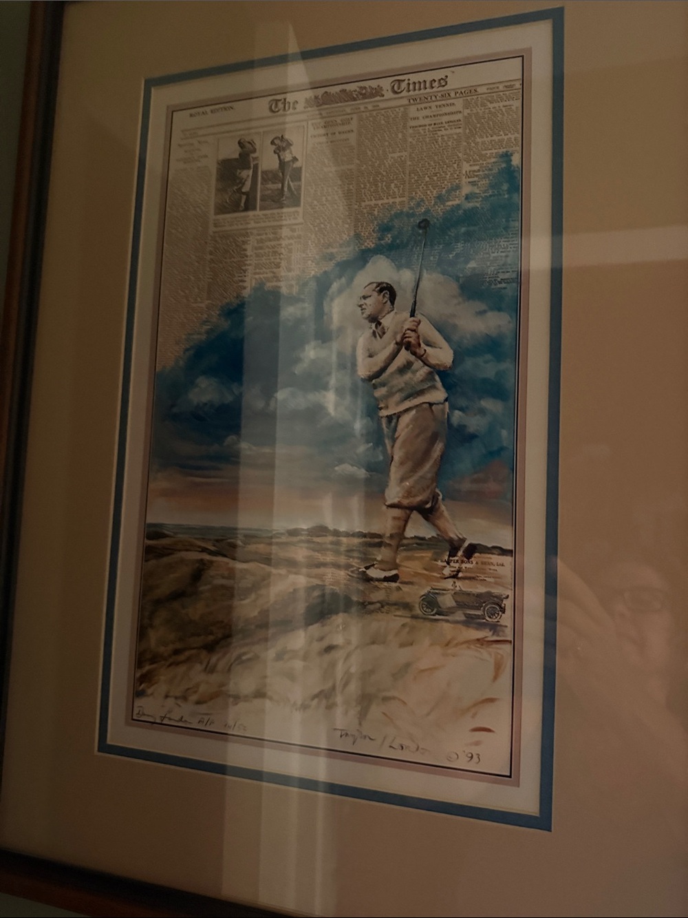 Framed Golfing Print in Blue and Cream Mat